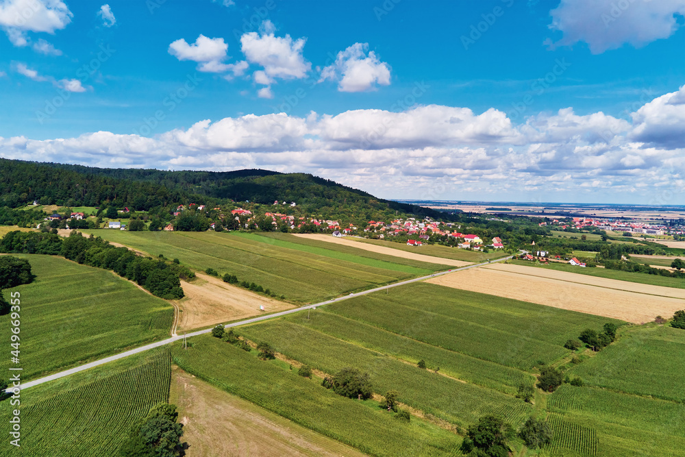 Aerial view of beautiful landscape in Mountains with forest and fields. Sleza mountain near Wroclaw in Poland. Nature background