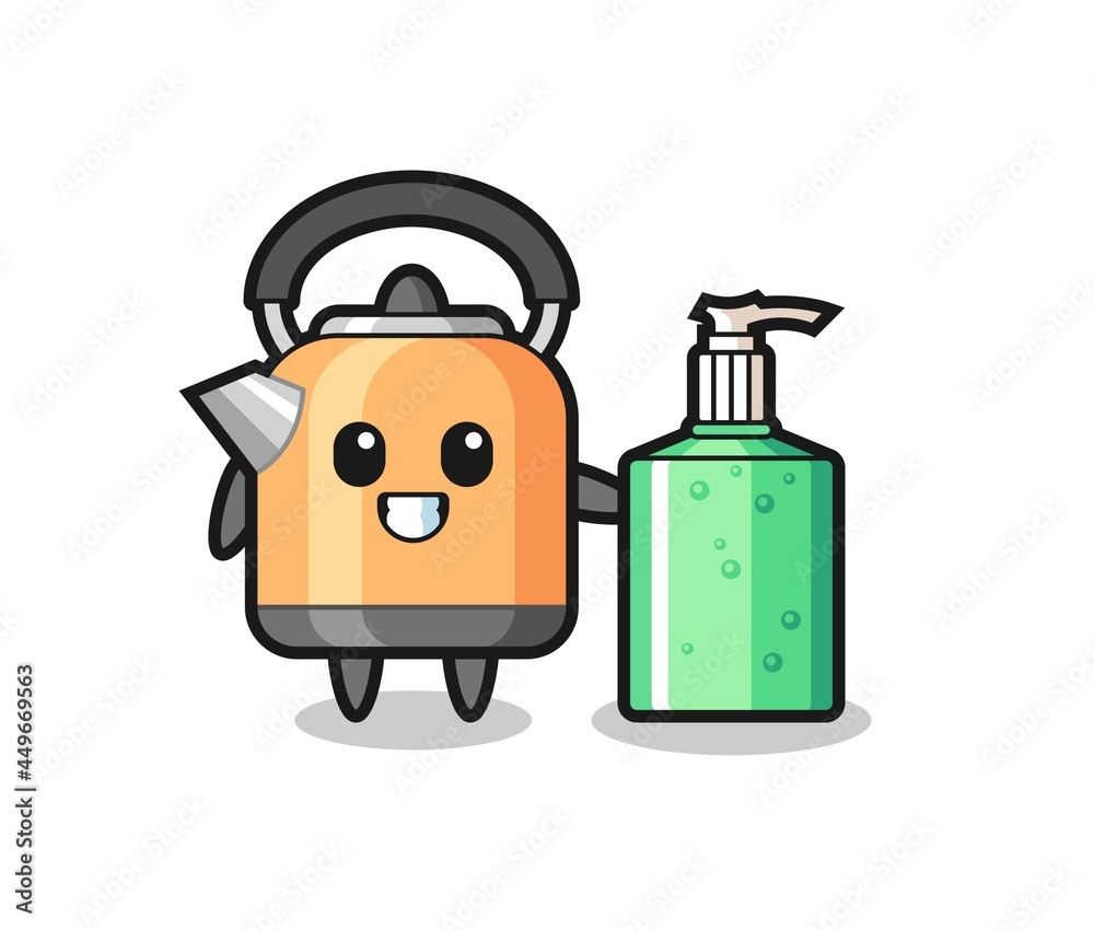 cute kettle cartoon with hand sanitizer