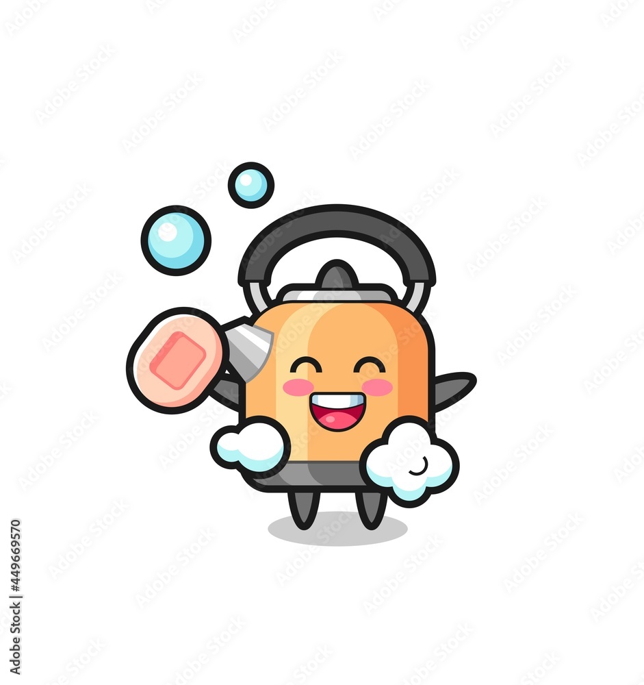 kettle character is bathing while holding soap kettle character is bathing while holding soap