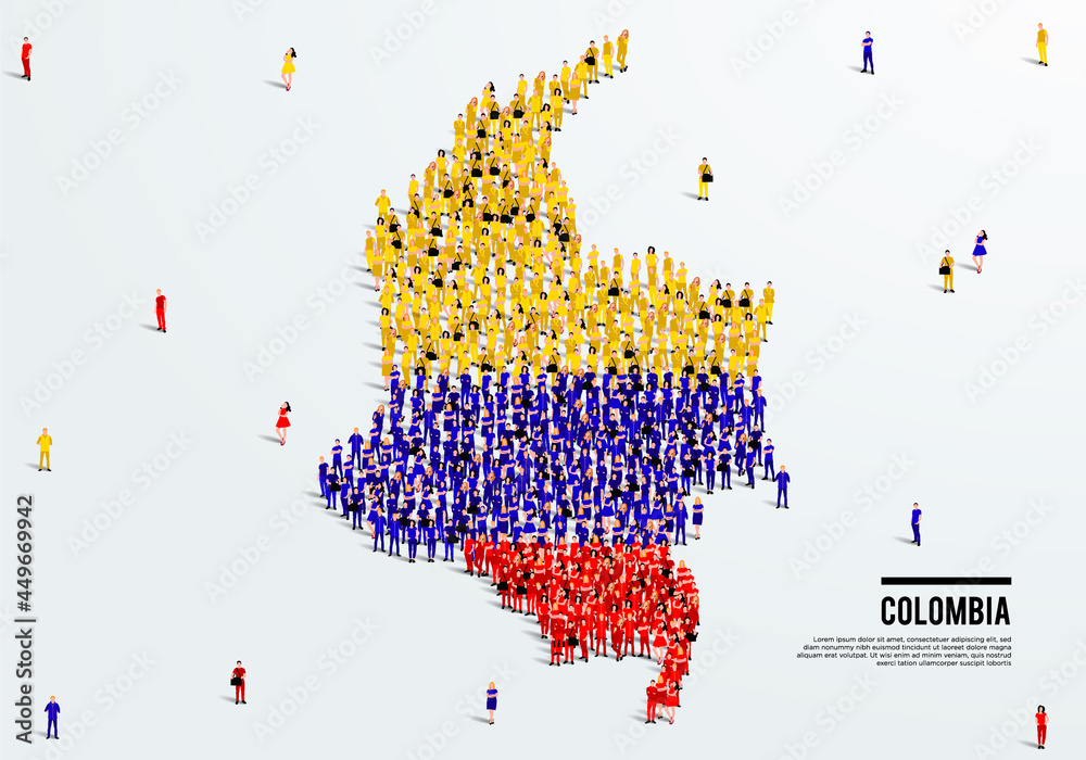 Colombia Map and Flag. A large group of people in the Colombia flag color form to create the map. Vector Illustration. - obrazy, fototapety, plakaty 