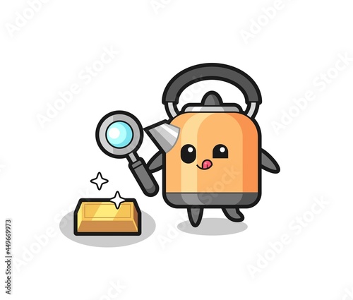 kettle character is checking the authenticity of the gold bullion