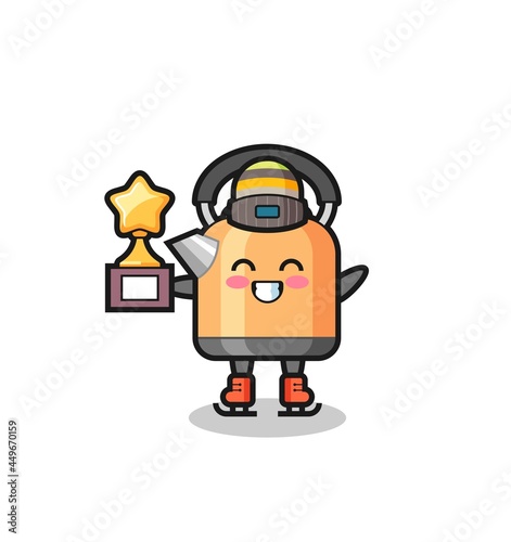 kettle cartoon as an ice skating player hold winner trophy