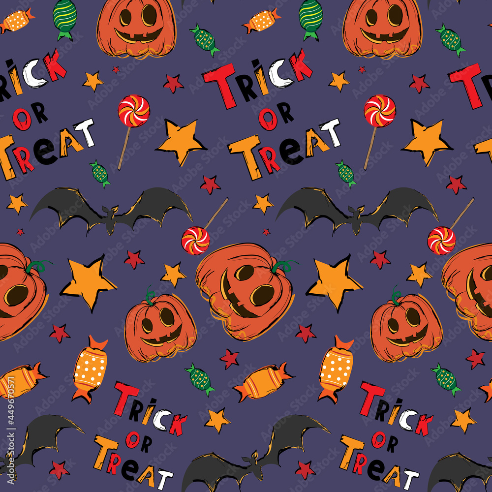 Seamless halloween pattern. Pumpkin with candy, trick or treat. Vector illustration Seamless halloween pattern. Pumpkin with candy, trick or treat. Vector illustration