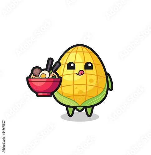 cute corn character eating noodles