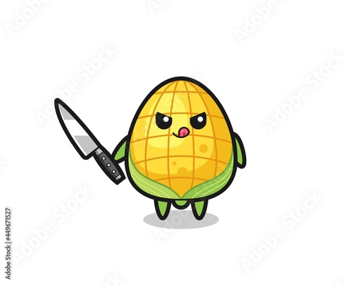 cute corn mascot as a psychopath holding a knife