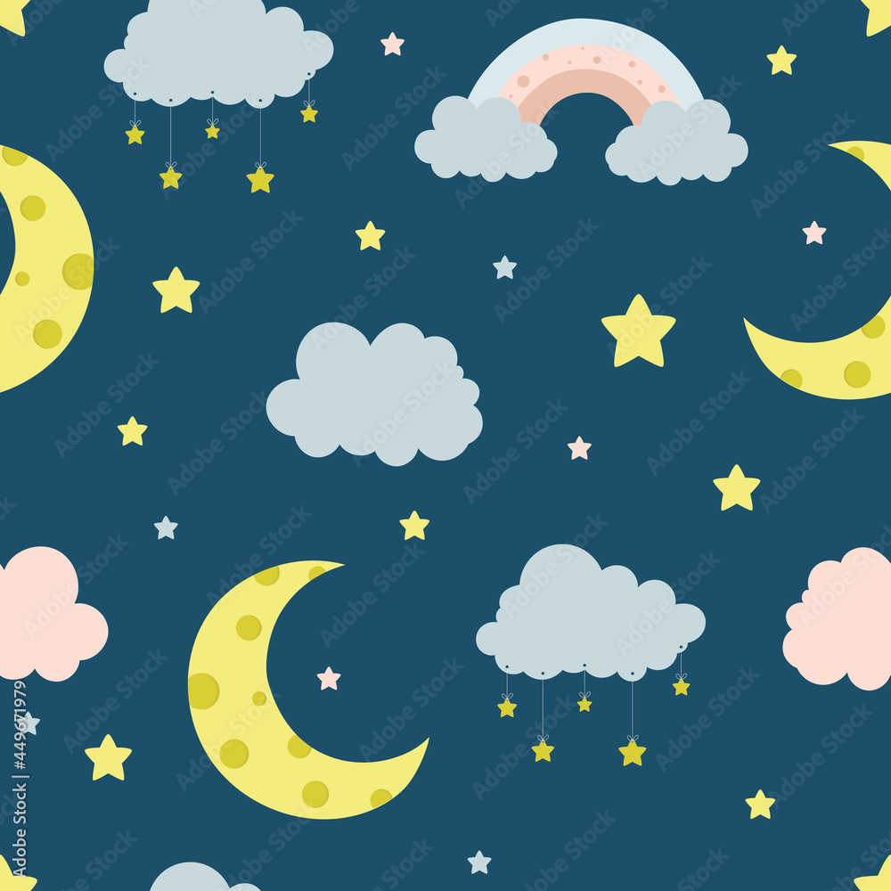 Seamless children pattern with clouds, moon and stars. Creative kids texture for fabric, wrapping, textile