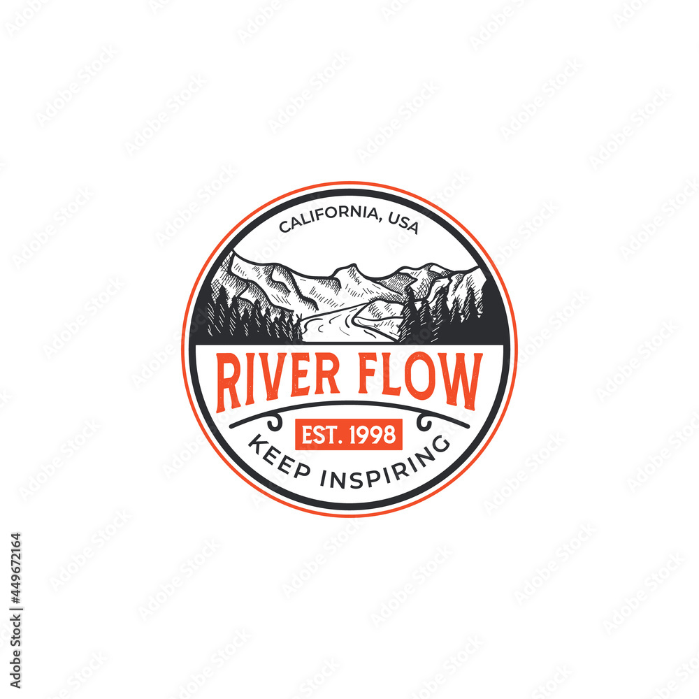 Fototapeta premium River flow, mountain exploring with engraving vintage retro hand drawn logo tamplate