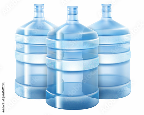 Three big bottles with clean blue water drink , isolated on a white background, realistic 3D vector illustration