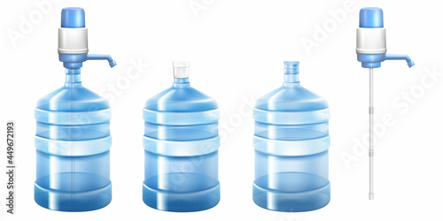 Pump water cooler and big bottle for office and home. Vector 3D realistic mockup of dispenser with pump for pouring clean water and large plastic gallon isolated on white background
