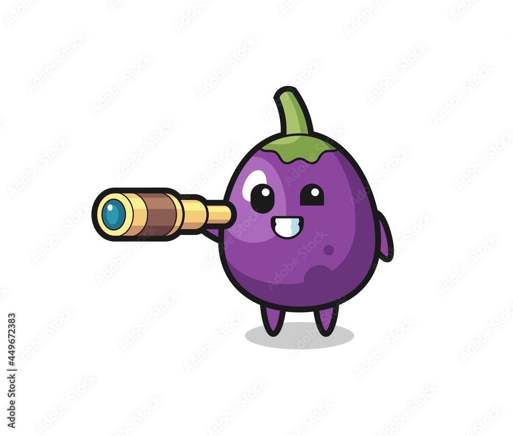 cute eggplant character is holding an old telescope cute eggplant character is holding an old telescope