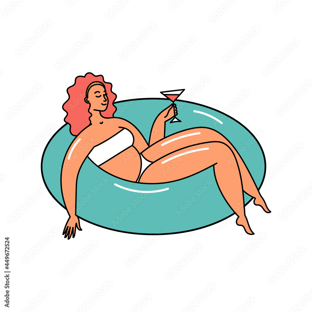 Young woman in a swimsuit with a cocktail on a rubber circle. Beach summer doodle style illustration Young woman in a swimsuit with a cocktail on a rubber circle. Beach summer doodle style illustration
