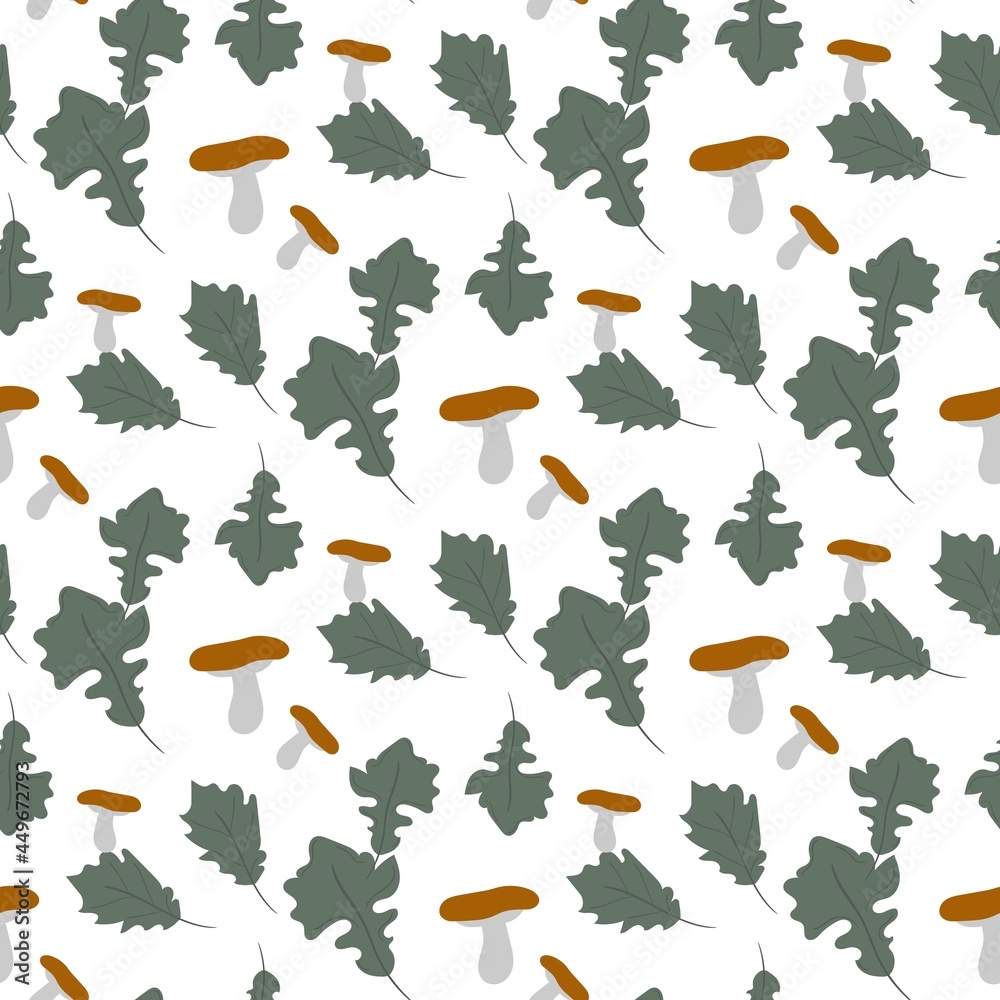 Green oak leaves with mushrooms seamless pattern. Natural autumn background Green oak leaves with mushrooms seamless pattern. Natural autumn background