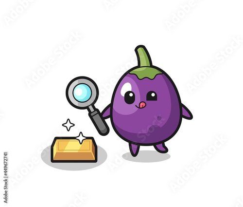 eggplant character is checking the authenticity of the gold bullion
