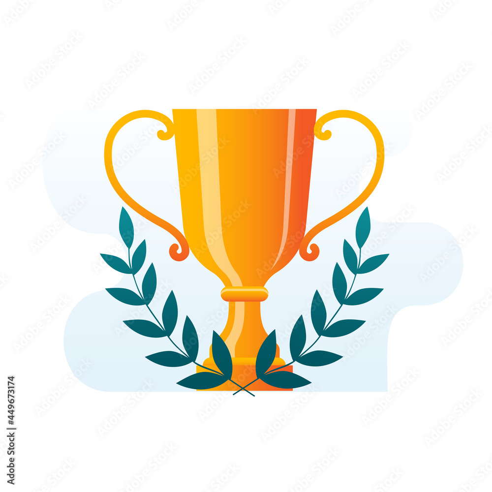 A gold cup and a laurel wreath. Vector icon in a flat style on the theme of victory and success. A gold cup and a laurel wreath. Vector icon in a flat style on the theme of victory and success.