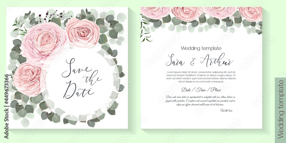 Floral design for wedding invitation. Pink roses, green plants, eucalyptus.