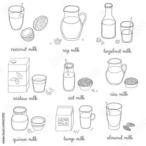 Hand drawn outline vegan milk set.