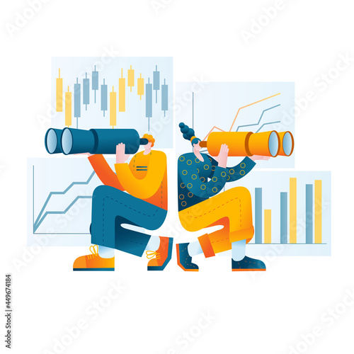 A young man and a girl with binoculars and a telescope on the background of stock indices. Vector illustration on the topic of proper investment and trading.