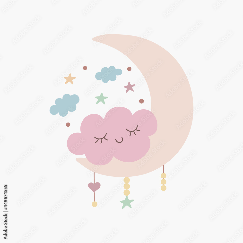 Scandinavian boho cute cloud on crescent pastel colors. Hand drawn vector element for nursery decoration, baby shower, birthday, children's party, poster, invitation, postcard, kids clothes