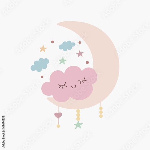 Scandinavian boho cute cloud on crescent pastel colors. Hand drawn vector element for nursery decoration, baby shower, birthday, children's party, poster, invitation, postcard, kids clothes
