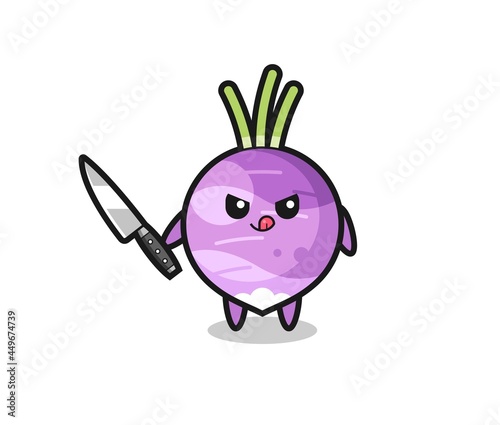 cute turnip mascot as a psychopath holding a knife