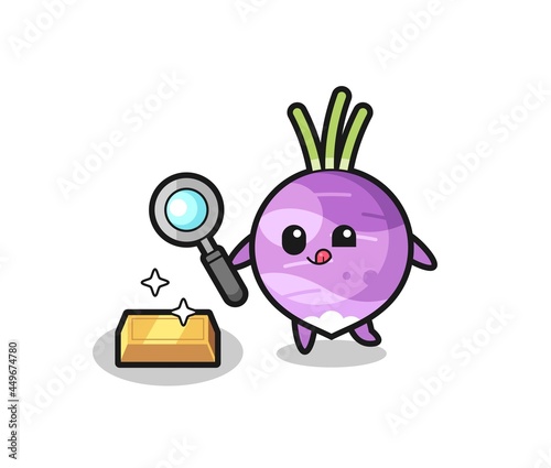 turnip character is checking the authenticity of the gold bullion
