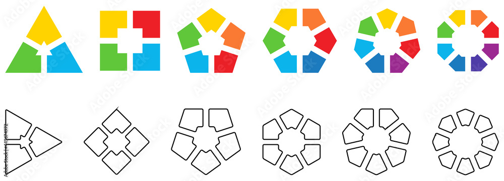 Polygons divided into equal parts, empty space in middle. Version with three to eight segments, black white and colour also with rounded corners, simple infographics element