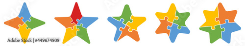 Star divided into 4 jigsaw puzzle pieces, four to seven slightly rounded version. Can be used as infographics element