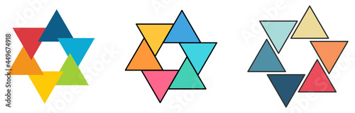 Regular or equilateral triangles arranged in circle, overlapping touching and separated version, can be used as infographics element