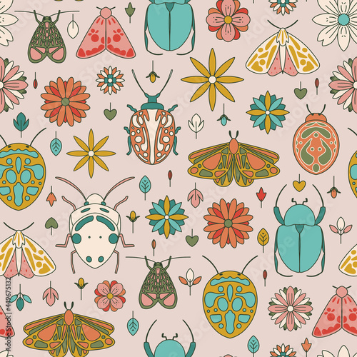 Colorful retro bug insects floral seamless pattern
