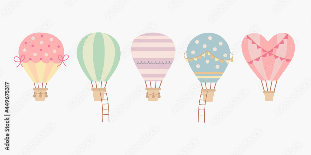 Scandinavian boho cute set of aerostats. Hand drawn vector elements for nursery decoration, baby shower, children's party, poster, invitation, postcard, kids clothes