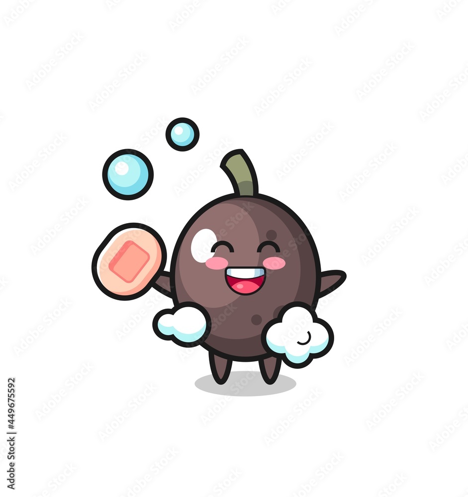 Fototapeta premium black olive character is bathing while holding soap