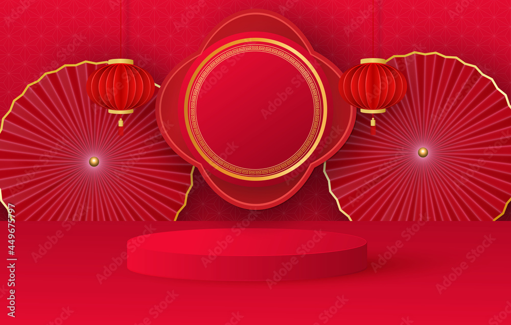Minimalistic stage with red cylindrical podium and Chinese festive elements. Stage for product demonstration, showcase.