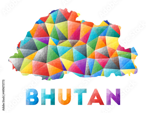 Bhutan - colorful low poly country shape. Multicolor geometric triangles. Modern trendy design. Vector illustration.