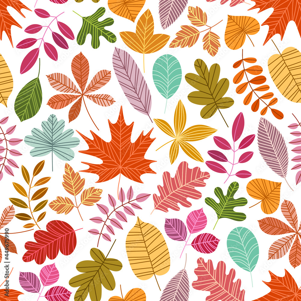 Autumn leaves seamless pattern. Fall foliage background on white