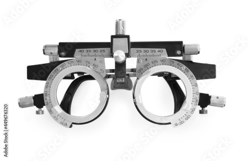 Trial frame isolated on white, top view. Ophthalmologist tool photo