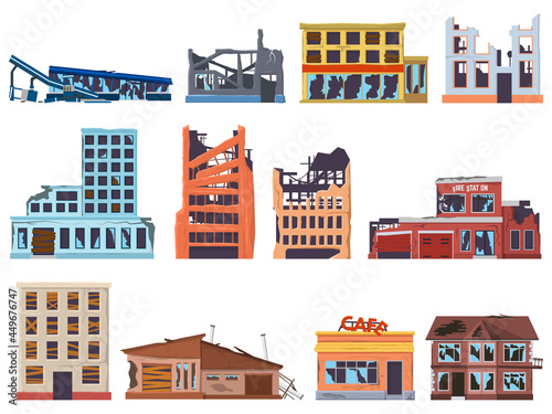 Ruined broken abandoned damaged old architecture buildings. Destruction, burnt out, destroyed facade walls, broken windows houses vector illustration set