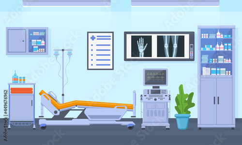 Medical therapy hospital healthcare equipment room interior. Intensive therapy room, clinic equipment interior vector illustration. Hospital emergency room interior