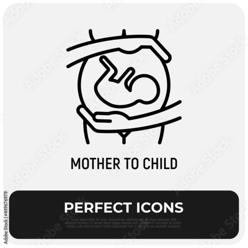 Pregnant woman with embryo in belly. Maternity. Thin line icon. Modern vector illustration.