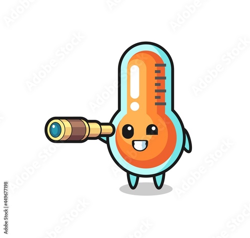 cute thermometer character is holding an old telescope