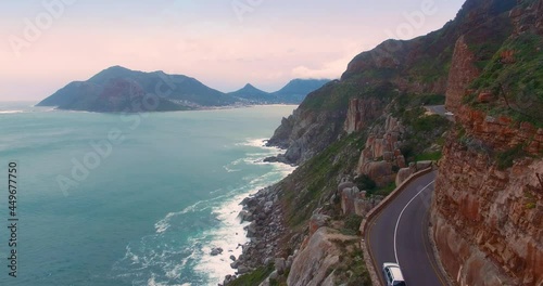 Aerial: Cars driving on Chapman's Peak Drive, Cape Town, Africa