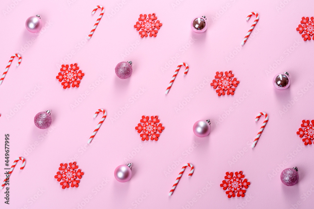 Christmas composition. Red and white decor elements that are used to decorate the Christmas tree