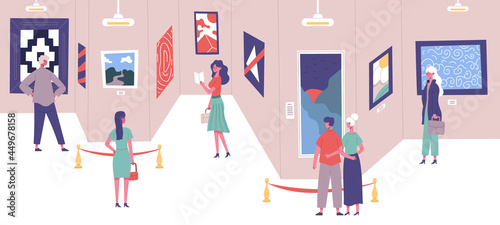 People admire classic art gallery paintings exhibition. Art gallery exposition excursion visitors vector illustration. Men and women cultural education