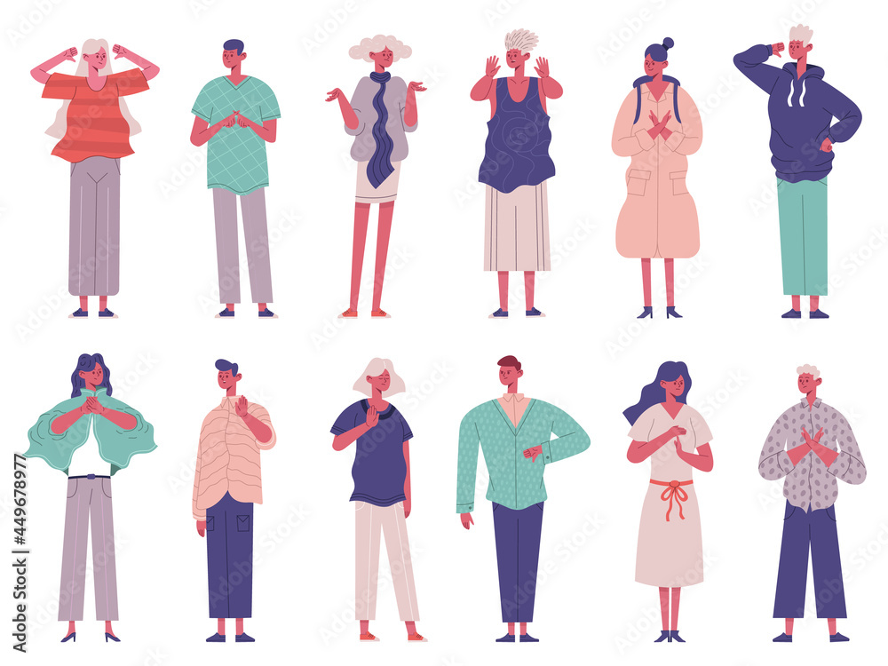 Disagree people negative rejection gesture signs expressions. Sign language disagree characters vector illustration set. People with stop or disagree gestures Disagree people negative rejection gesture signs expressions. Sign language disagree characters vector illustration set. People with stop or disagree gestures