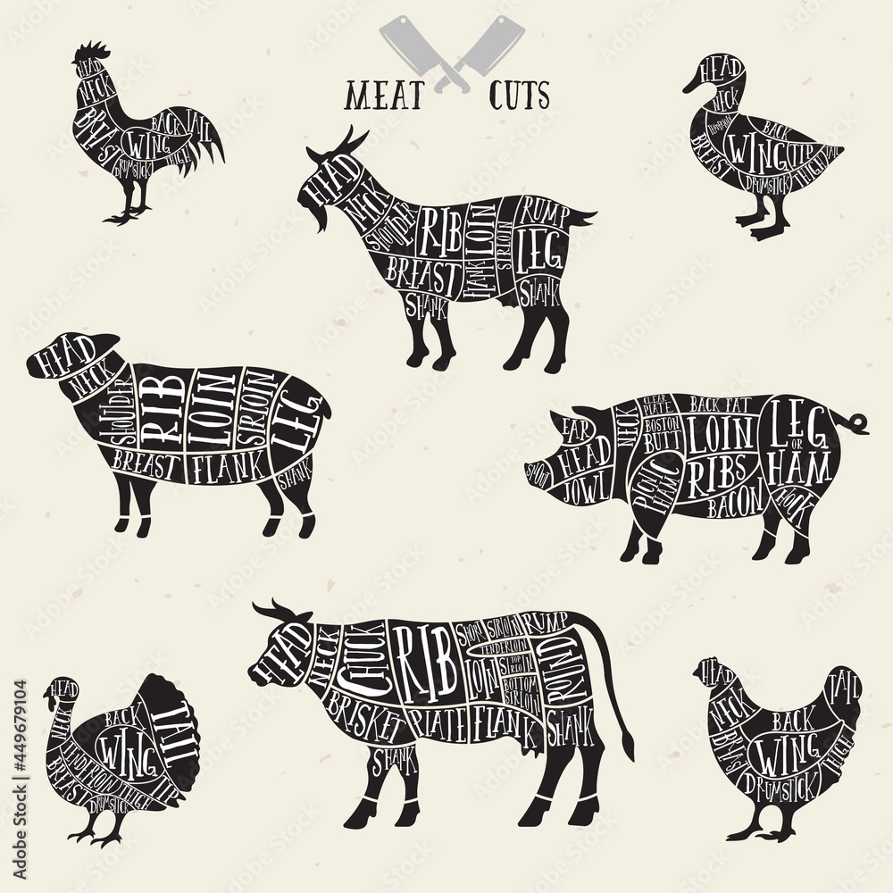 Meat cuts set. Diagrams for butcher shop. Scheme of chicken, beef, pork ...