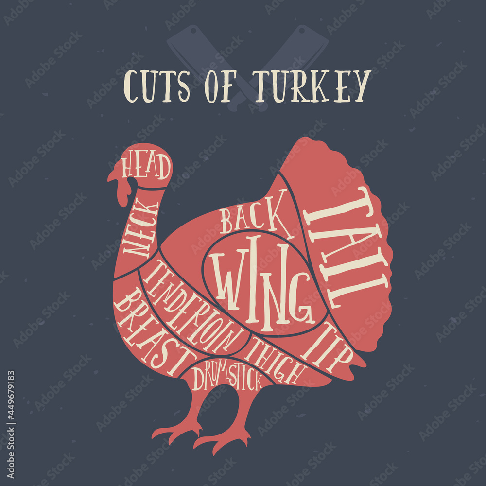 Meat cuts turkey. Diagrams for butcher shop. Scheme of turkey. Animal silhouette turkey. Guide