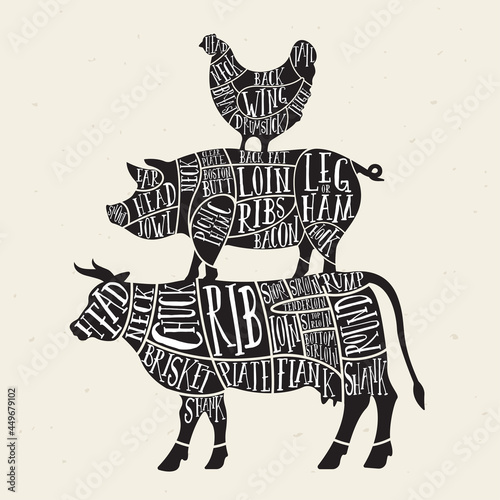 Meat cuts set. Diagrams for butcher shop. Scheme of chicken, beef, pork etc. Animal silhouettes. Guide for cutting.