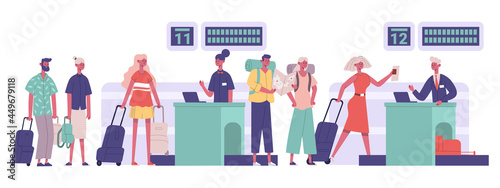 Tourists group, passengers travellers luggage checking in airport. People walking airport security detection vector illustration. Travel airport concept © WinWin