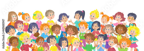 Multicultural diverse group of children. Kids with different skin and hair colors standing together. Banner in cartoon style. Isolated on white background. Vector illustration.