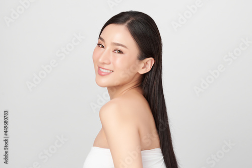 Beautiful young asian woman with clean fresh skin on white background, Face care, Facial treatment, Cosmetology, beauty and spa, Asian women portrait.