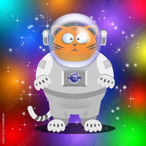 Cartoon funny red-haired fat surprised and disgruntled astronaut or cosmonaut cat in a space suit against the backdrop of a bright multi-colored cosmos with radiant stars